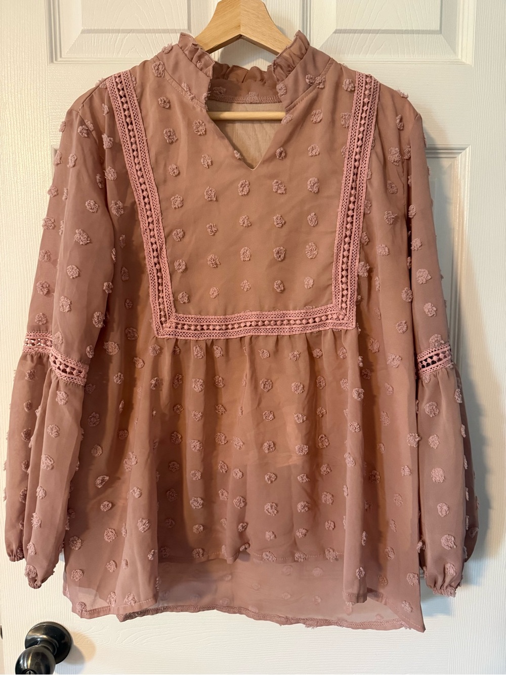 SHEIN Dusty Rose Swiss Dot Lace-Trim Blouse